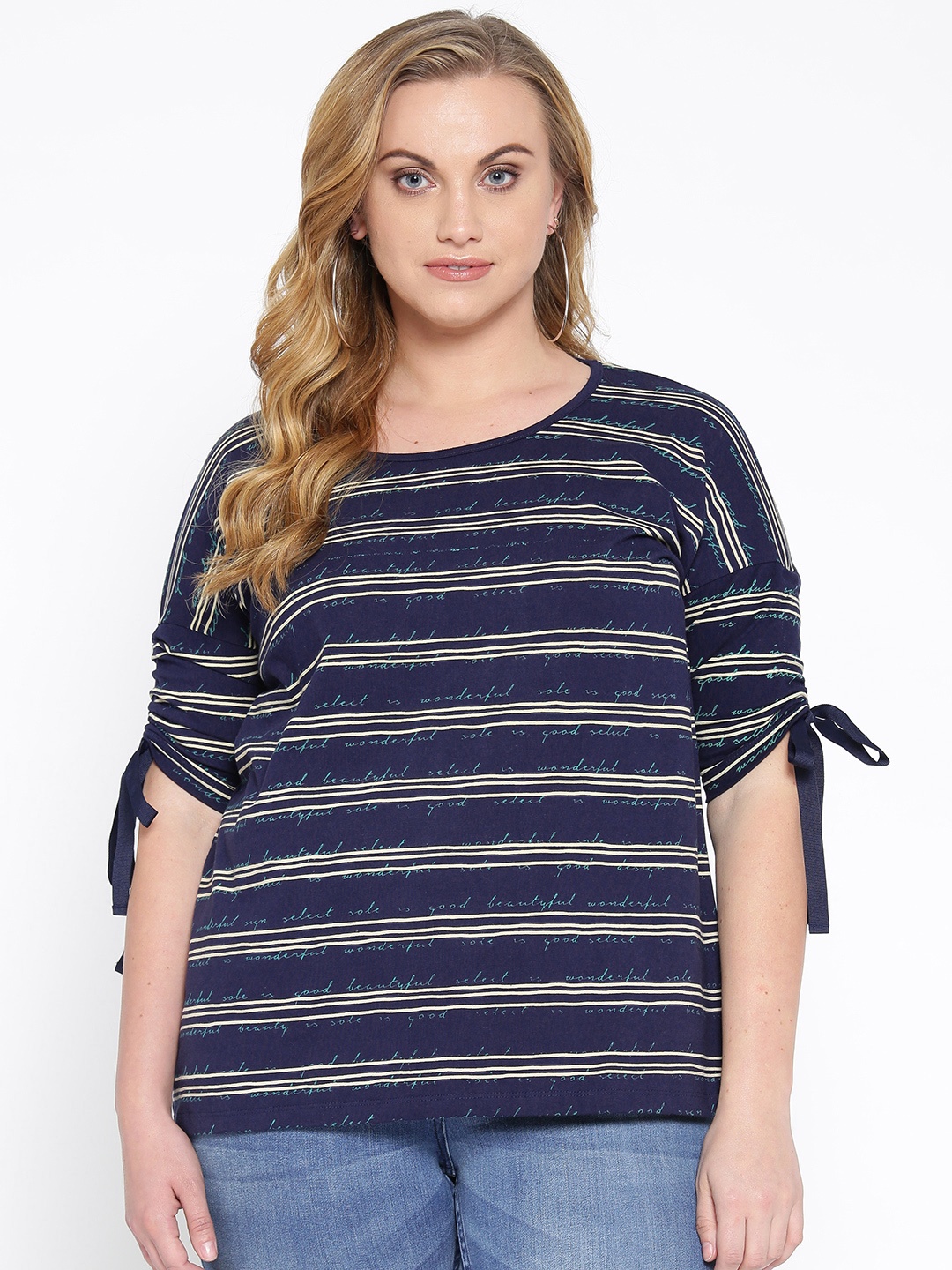 

nexus Plus Size Women Navy Blue Striped Tie-Up Sleeve Top