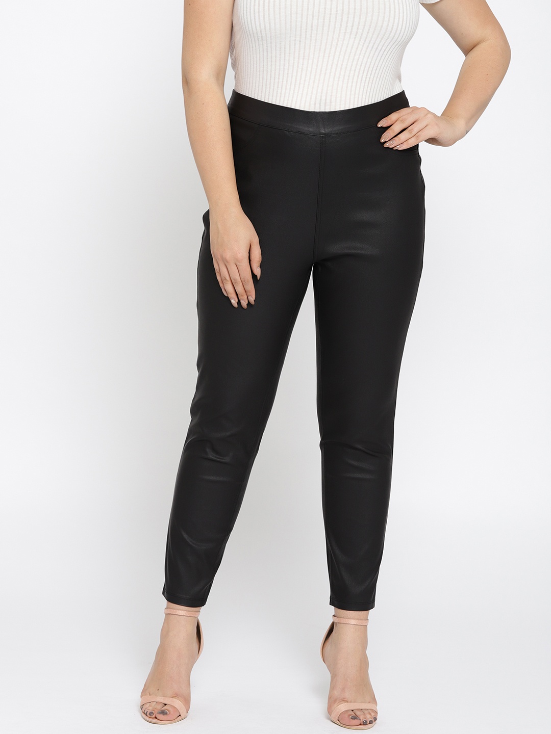 

nexus Plus Size Women Black Solid Coated Cropped Treggings