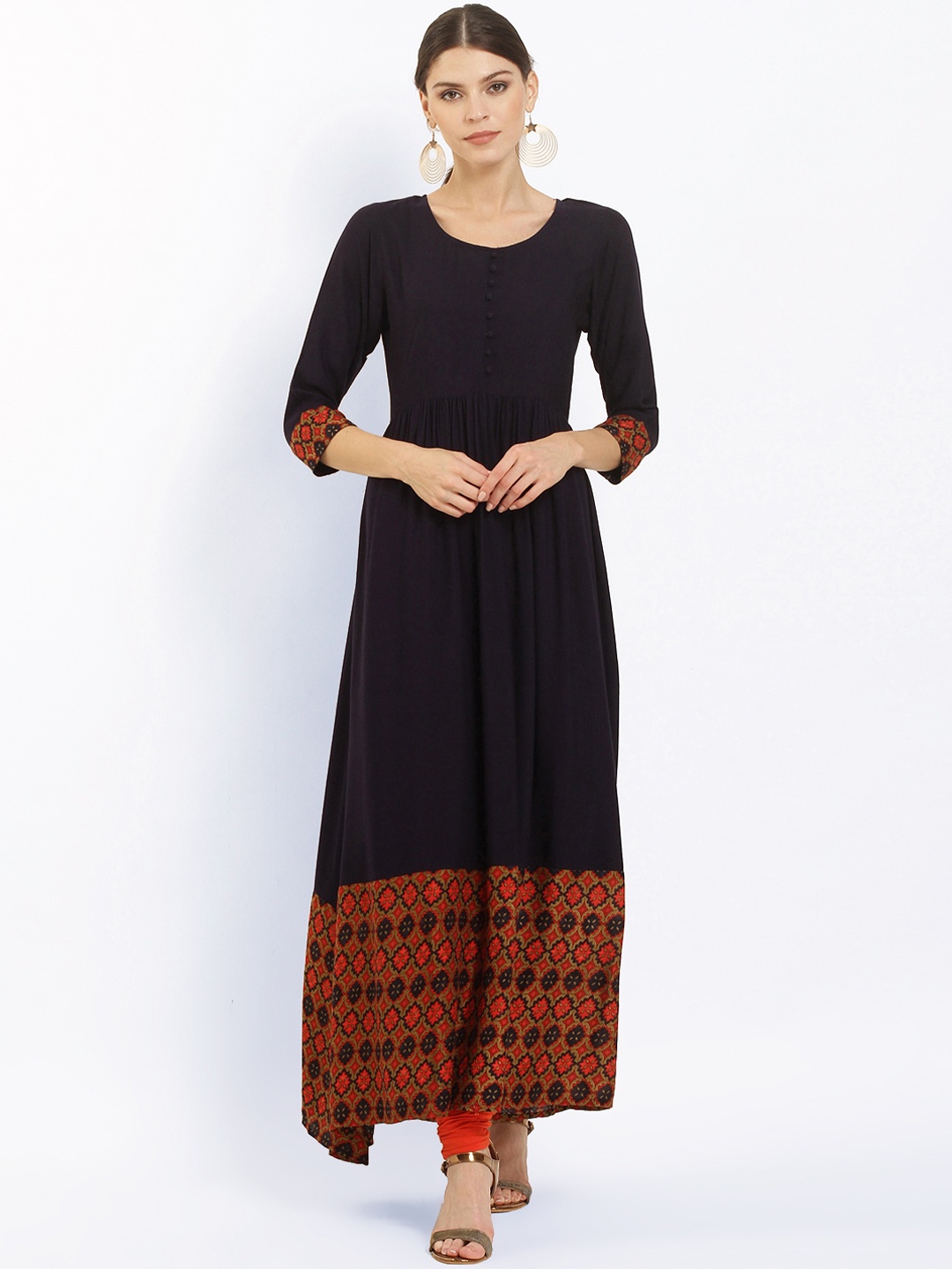 

Ives Women Navy Blue Printed A-Line Kurta