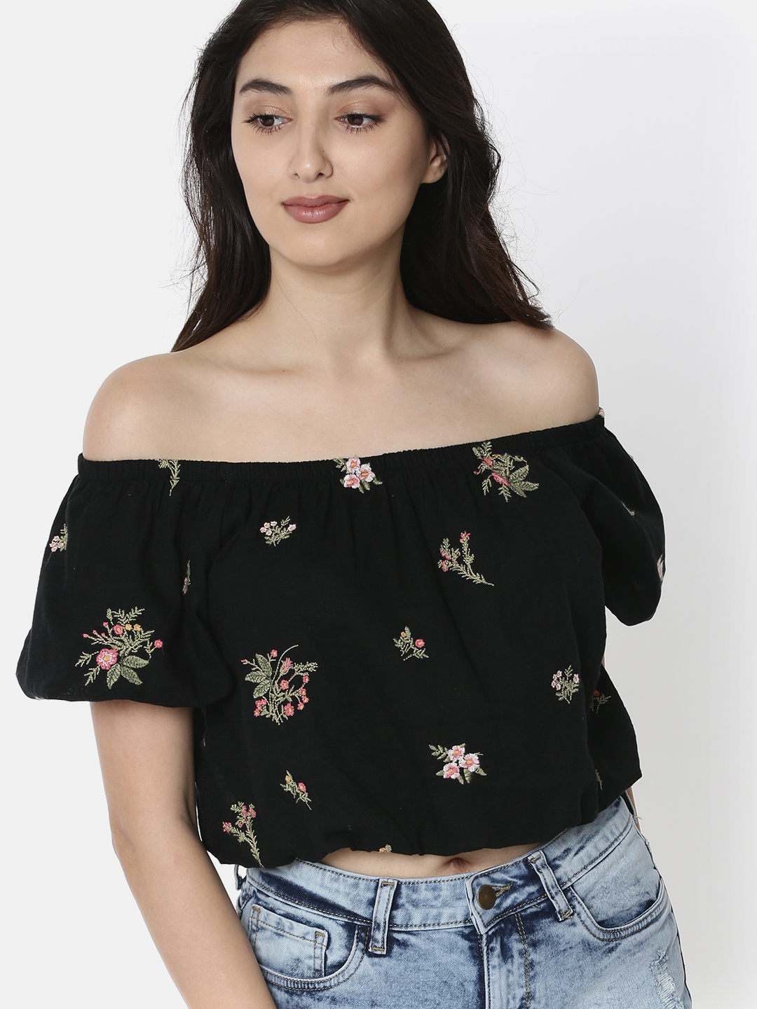 

AMERICAN EAGLE OUTFITTERS Women Black Floral Embroidered Bardot Pure Cotton Top