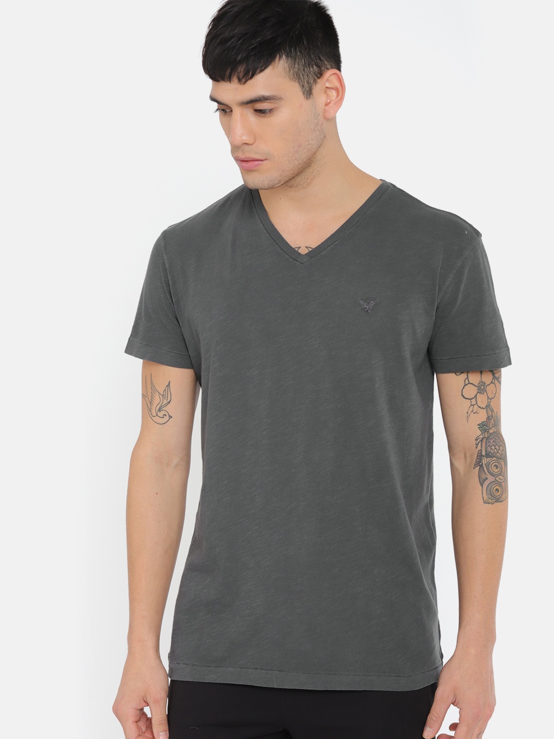 

AMERICAN EAGLE OUTFITTERS Men Charcoal Solid V-Neck Pure Cotton T-shirt