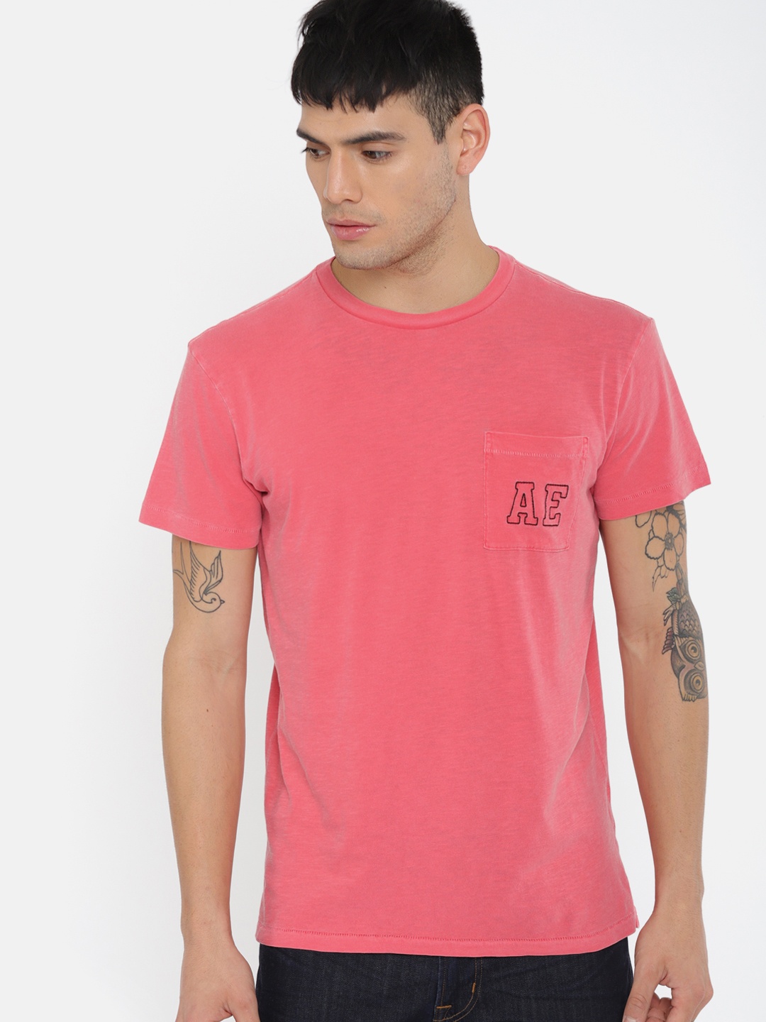 

AMERICAN EAGLE OUTFITTERS Men Coral Red Solid Round Neck T-shirt