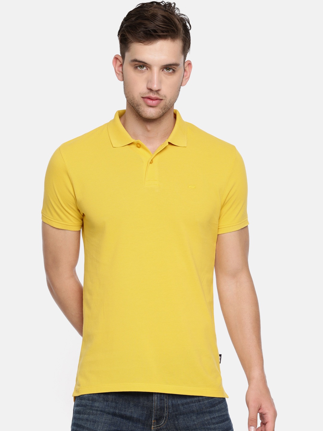 

Jack Jones Men Yellow Solid Polo Collar Pure Cotton T-shirt