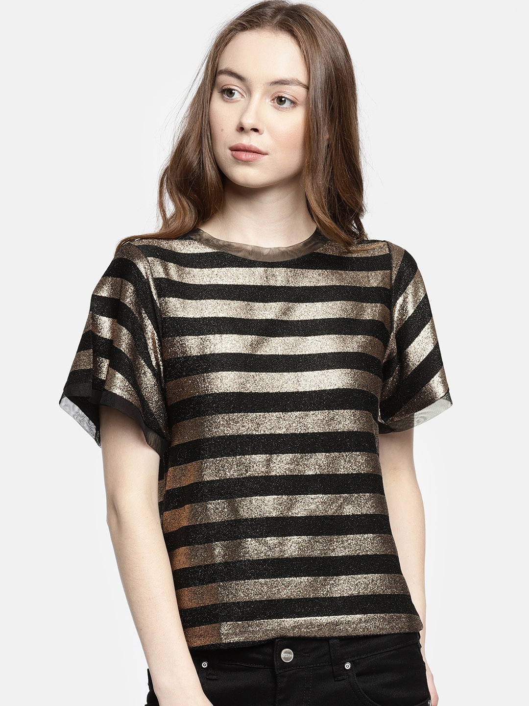 

Deal Jeans Women Golden & Black Shimmer Striped Top, Gold
