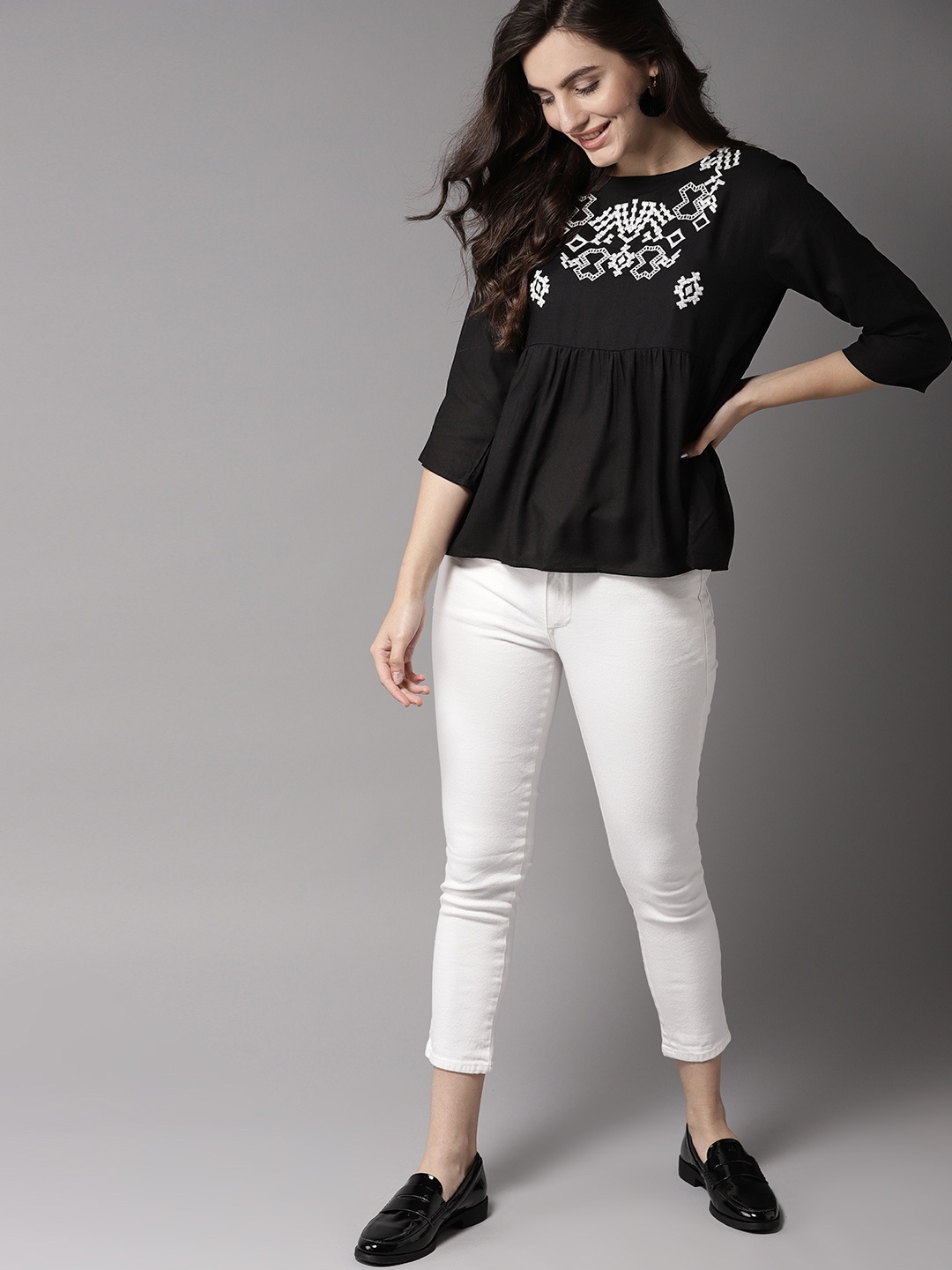

HERE&NOW Women Black Embroidered A-Line Top