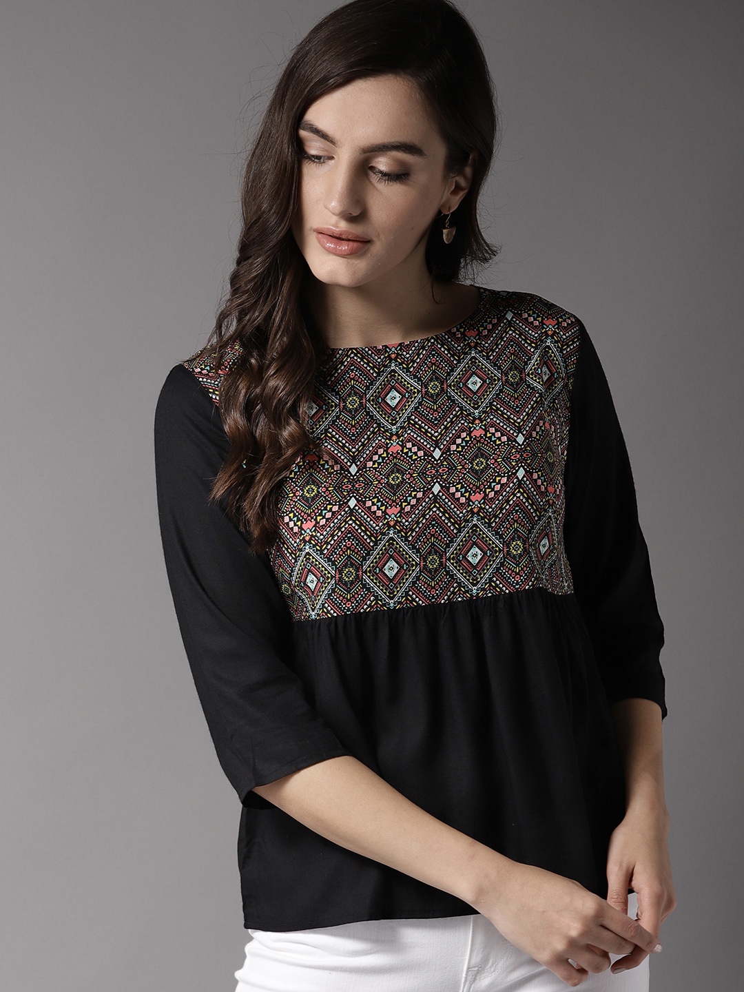 

HERE&NOW Black Ethnic Motifs A-Line Top