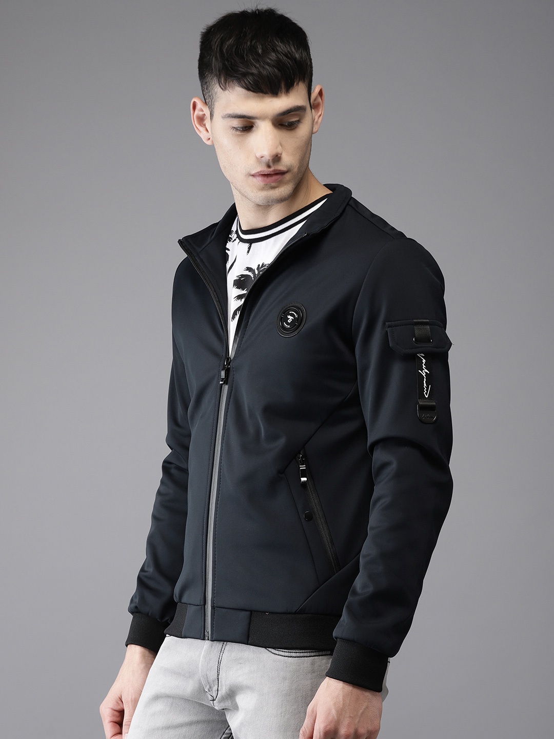 

The Indian Garage Co Men Navy Blue Solid Bomber