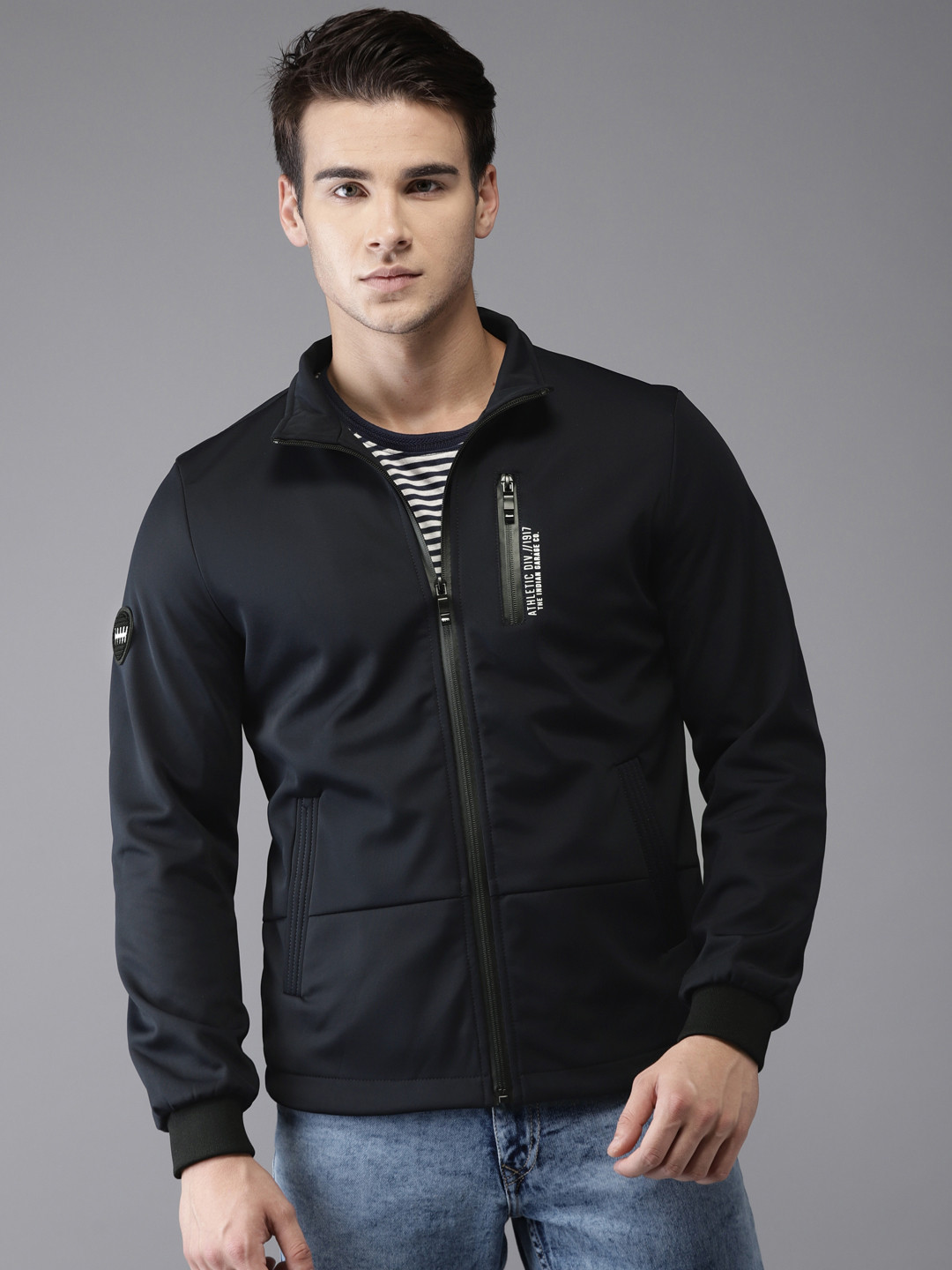 

The Indian Garage Co Men Navy Blue Solid Sporty Jacket