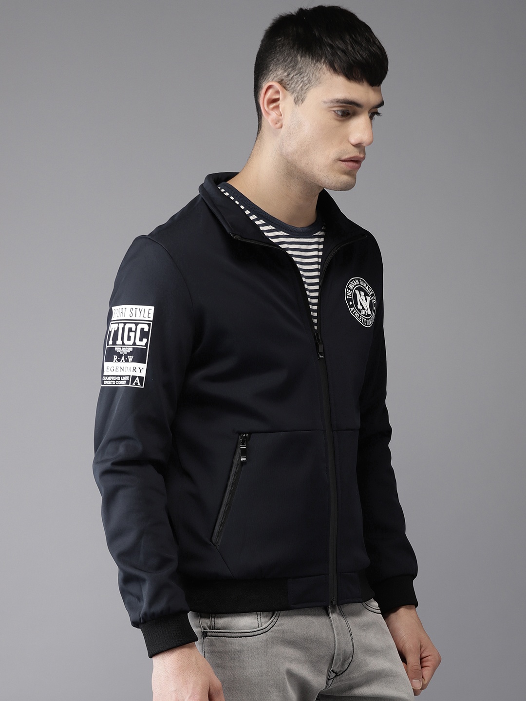 

The Indian Garage Co Men Navy Blue Solid Bomber