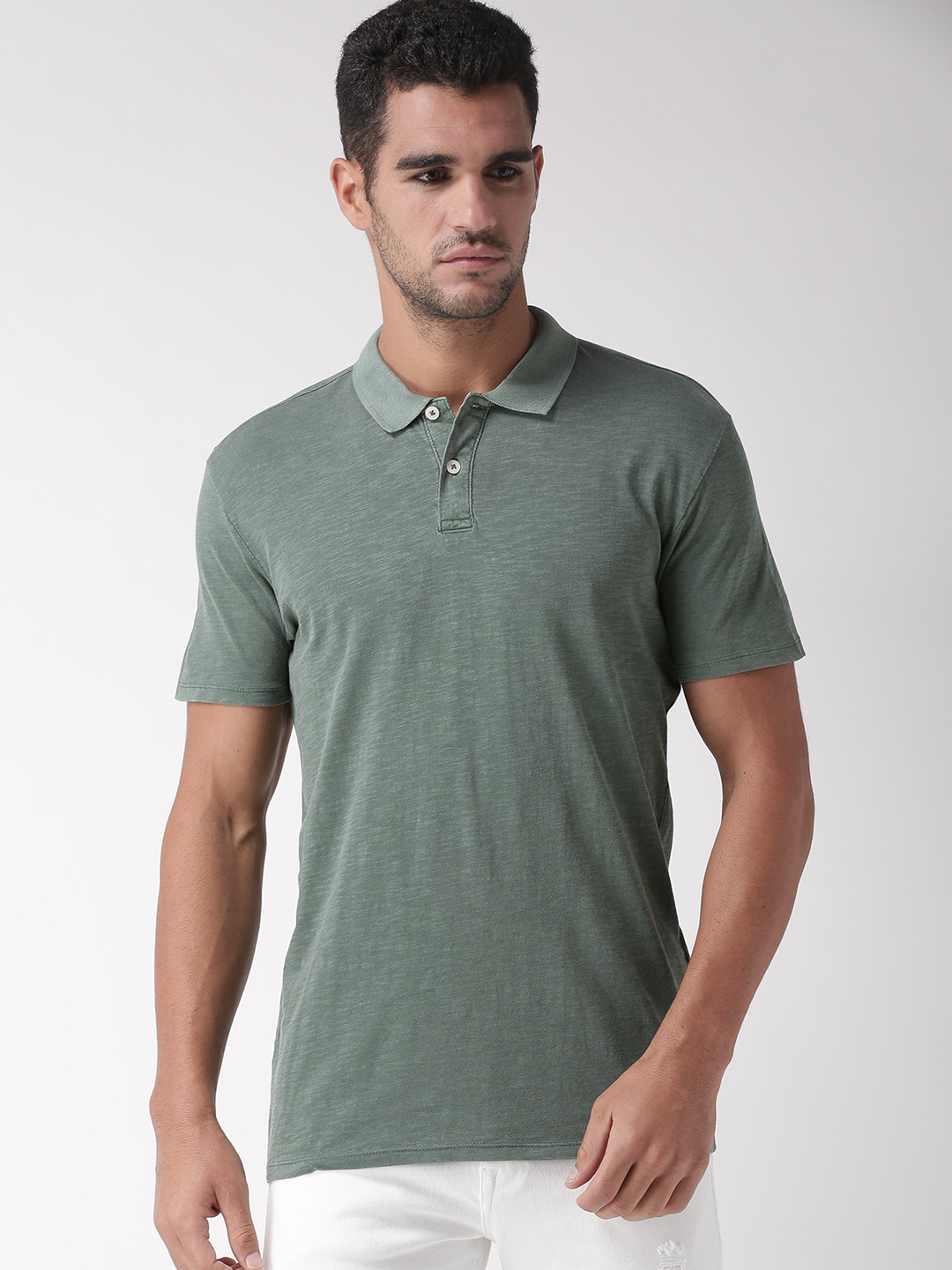 

SELECTED Men Green Slim Fit Solid Polo Collar T-shirt