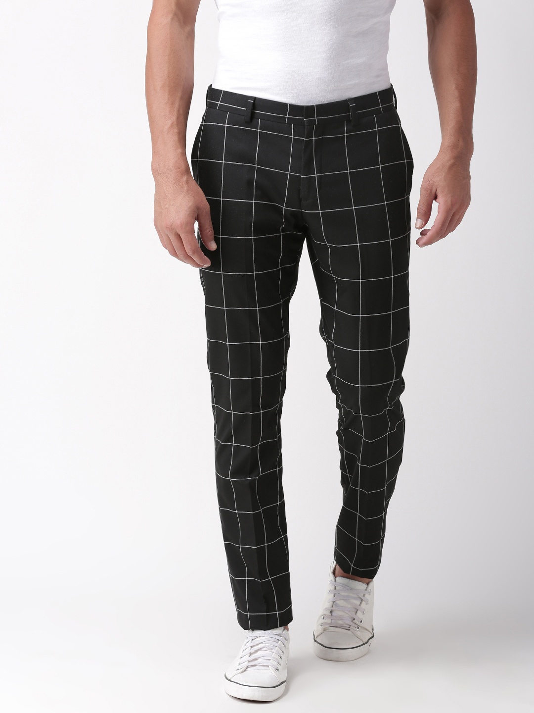 

SELECTED Men Black & White Slim Fit Checked Regular Trousers