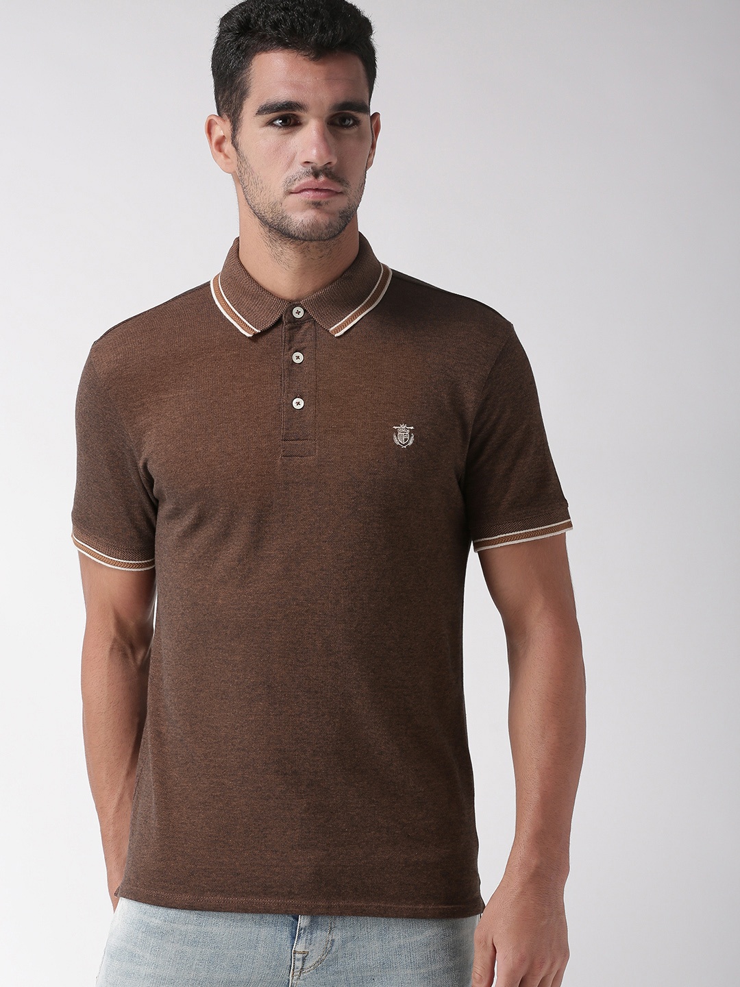 

SELECTED Men Brown Solid Polo Collar T-shirt