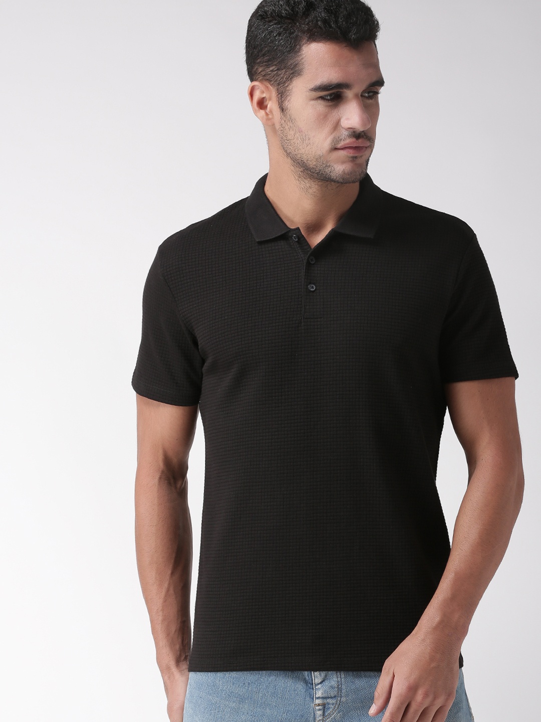 

SELECTED Men Black Checked Polo Collar T-shirt