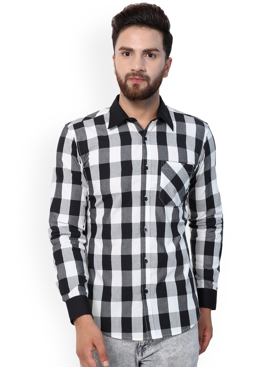 Purple State Men Black & White Slim Fit Checked Casual Shirt