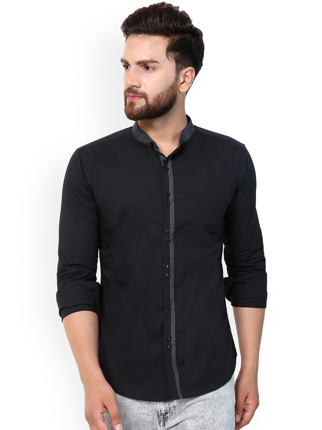 

Purple State Men Black & Grey Slim Fit Solid Casual Shirt