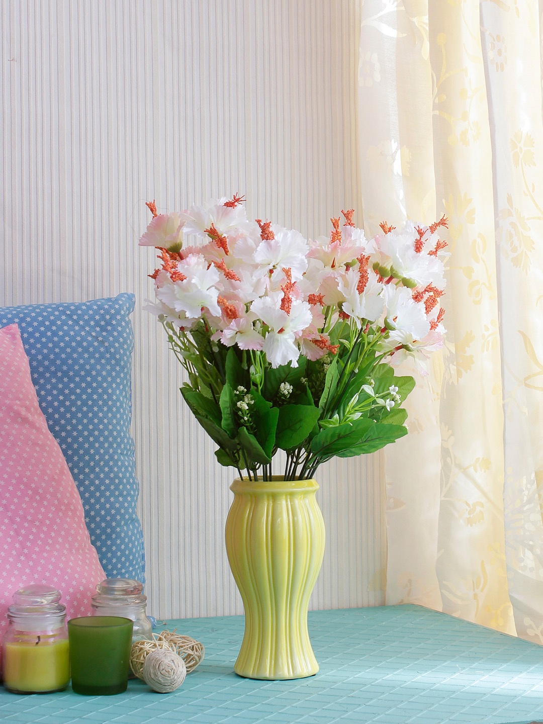 

Fourwalls Set of 2 White & Green Artificial Fower Bunches Without Pot