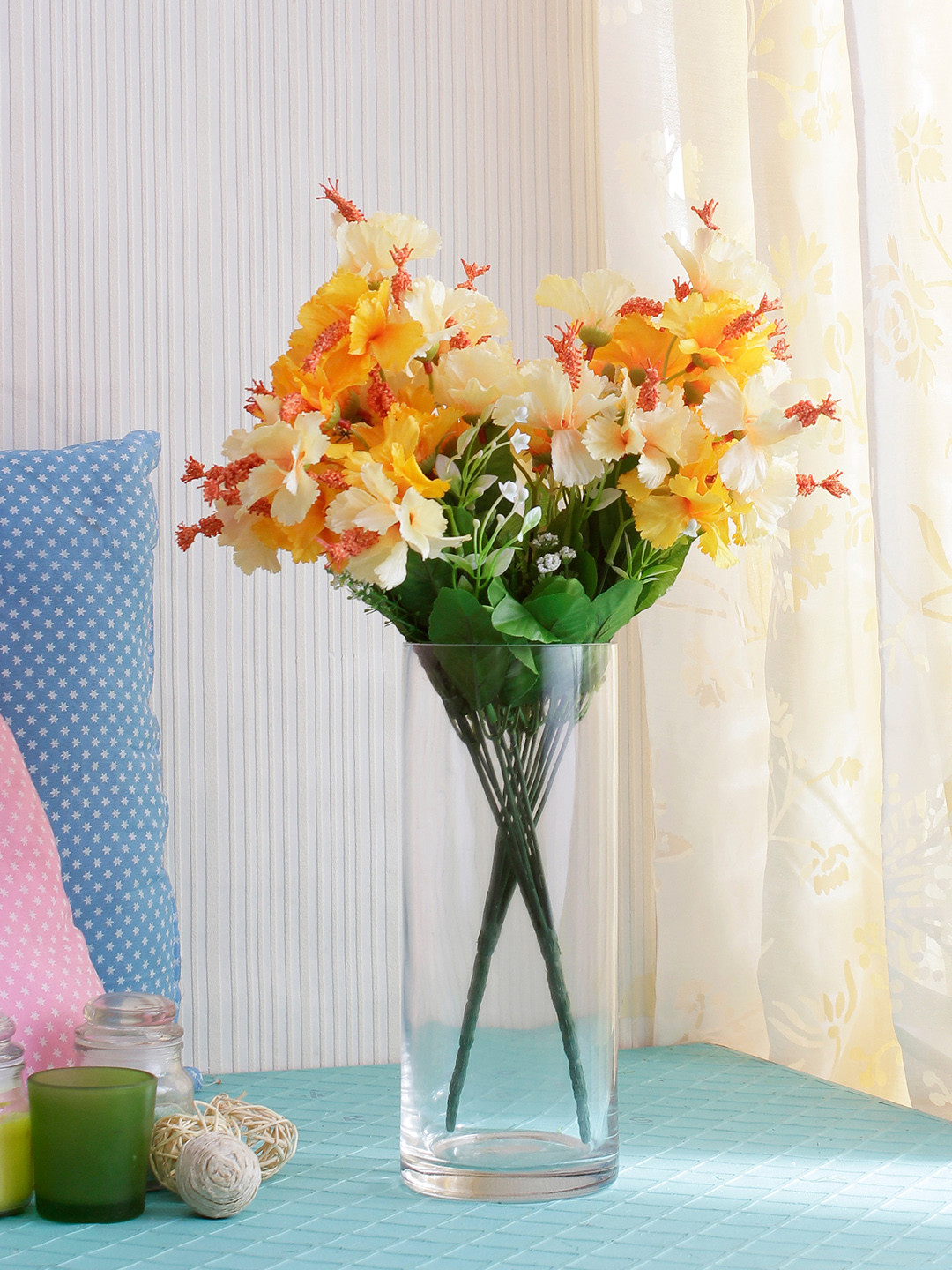 

Fourwalls Set Of 2 Yellow & Green Artificial Hibiscus Flower Bunches without pot
