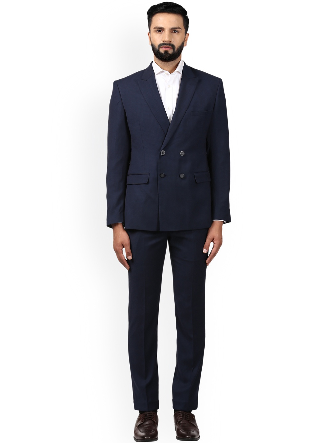 

Park Avenue Men Navy Blue Checked Double-Breasted Super Slim-Fit Formal Suit