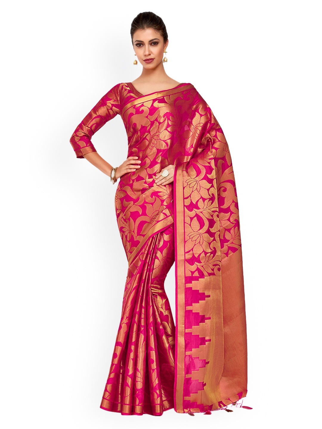 

MIMOSA Pink & Gold-Toned Art Silk Woven Design Kanjeevaram Saree