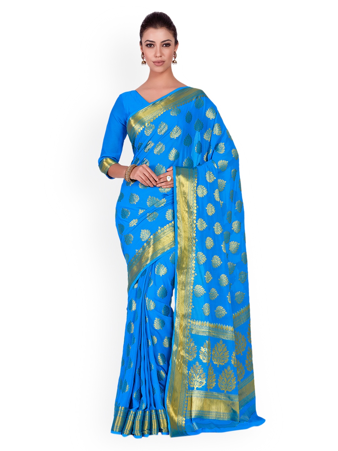 

MIMOSA Blue & Gold-Toned Poly Chiffon Woven Design Kanjeevaram Saree