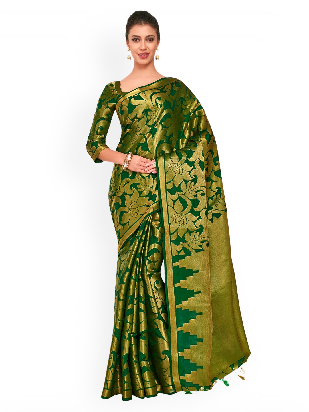 

MIMOSA Green & Gold-Toned Art Silk Woven Design Kanjeevaram Saree