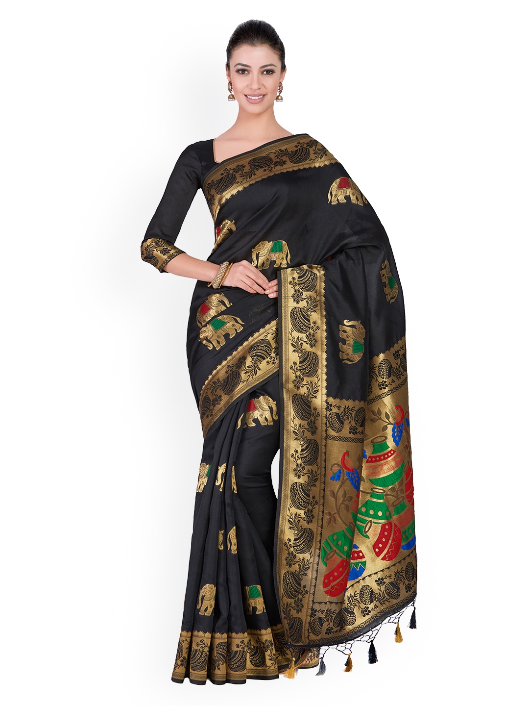 

MIMOSA Black & Gold-Toned Art Silk Woven Design Kanjeevaram Saree