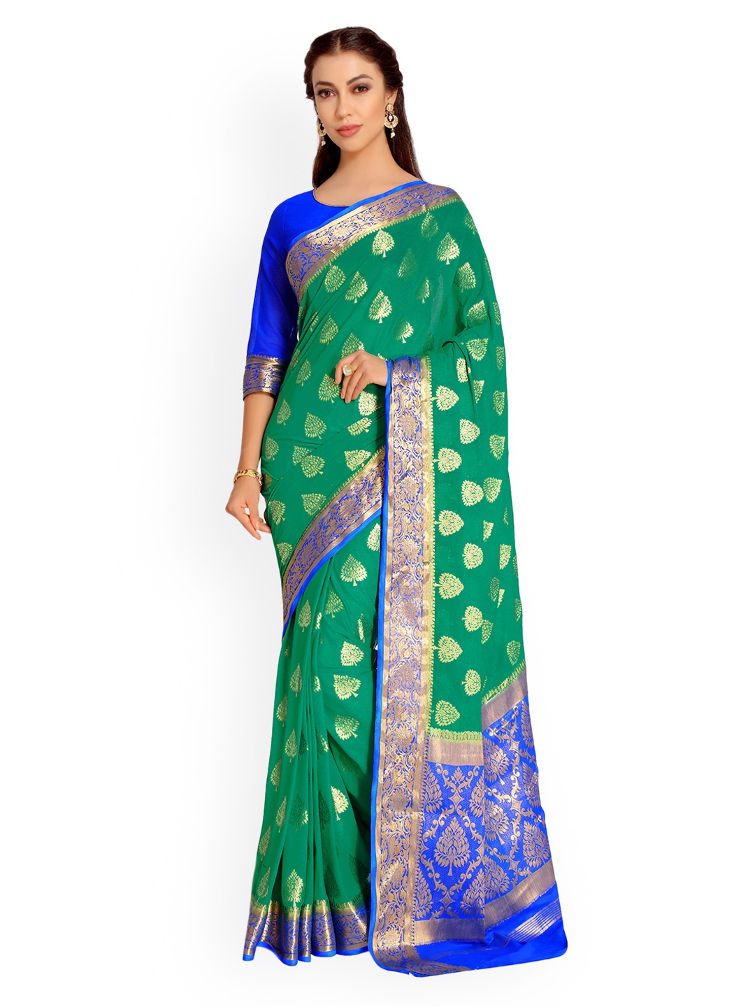 

MIMOSA Green & Blue Poly Chiffon Woven Design Kanjeevaram Saree