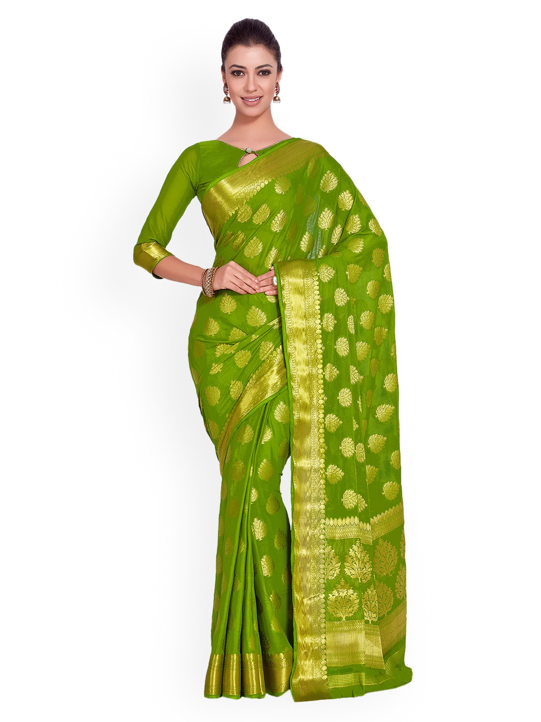 

MIMOSA Olive Green & Gold-Toned Poly Chiffon Woven Design Kanjeevaram Saree