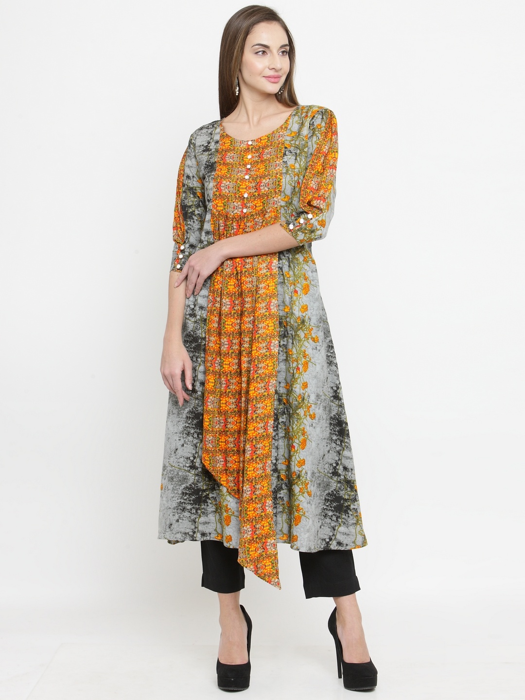 

Indibelle Women Grey & Yellow Printed A-Line Asymmetric Kurta