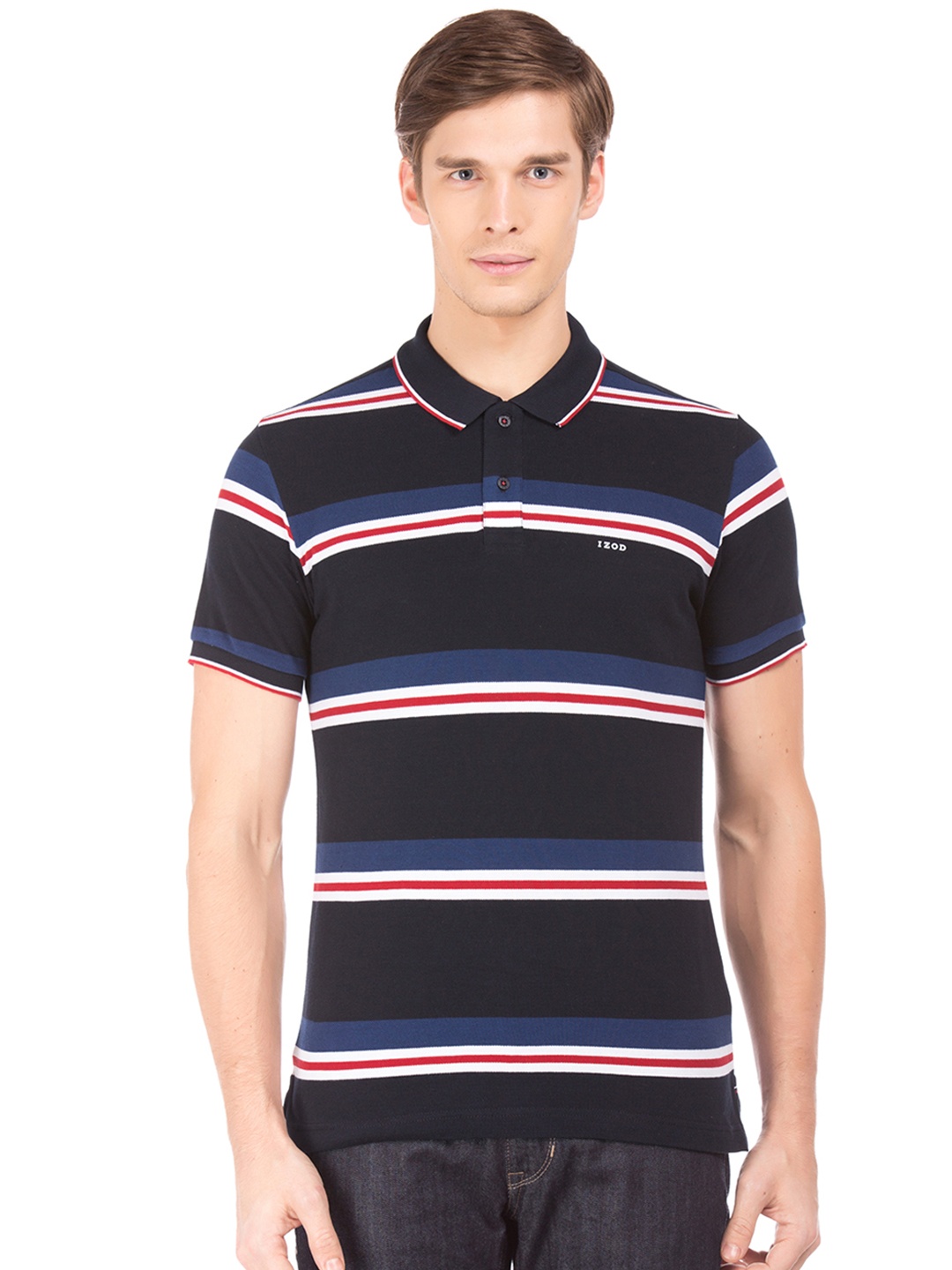 

IZOD Men Navy Blue Striped Polo Collar T-shirt