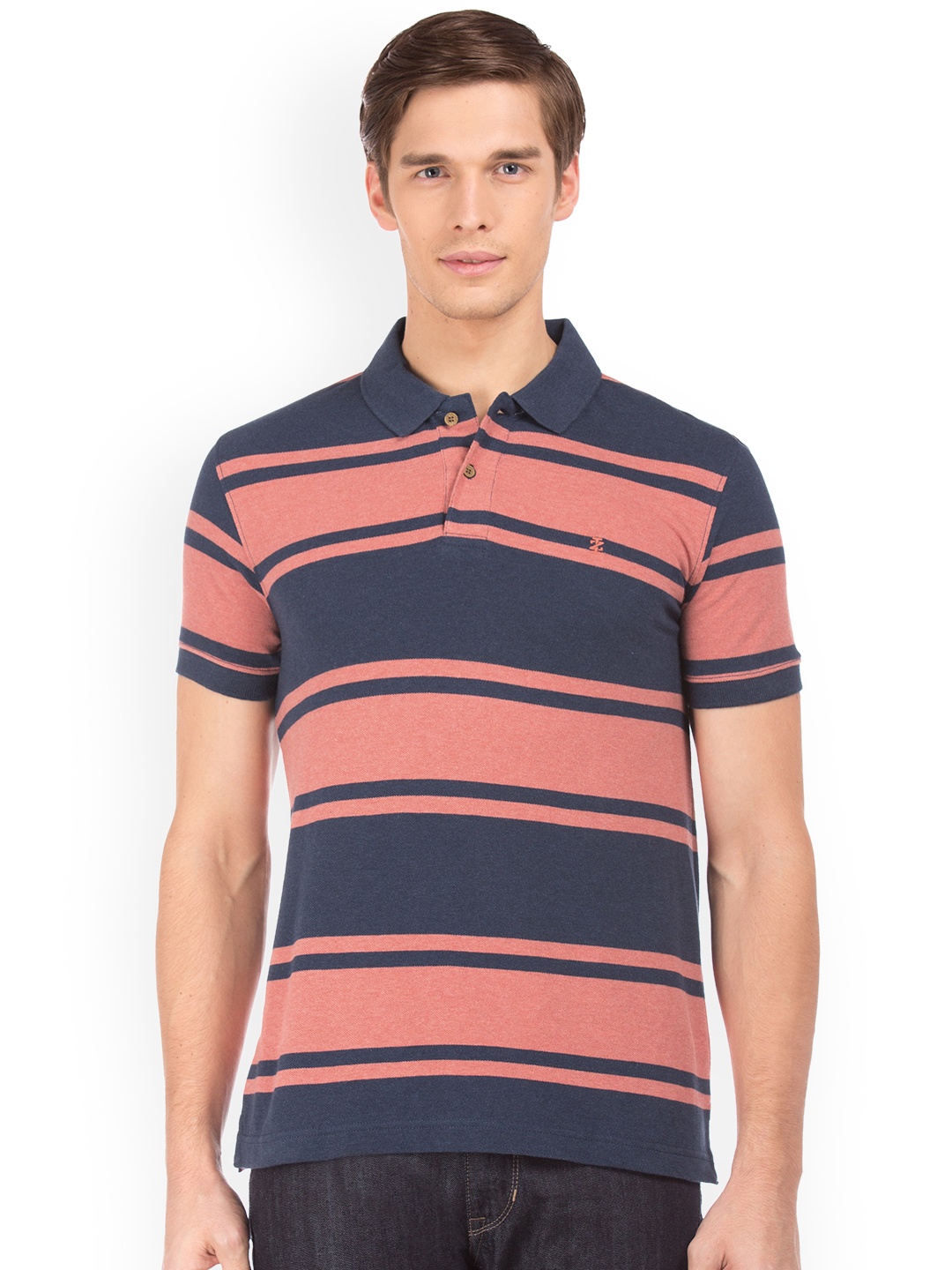 

IZOD Men Coral Pink and Navy Blue Striped Polo Collar T-shirt