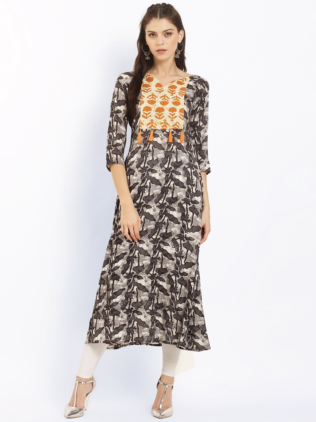 

Ives Women Grey & Orange Printed A-Line Kurta