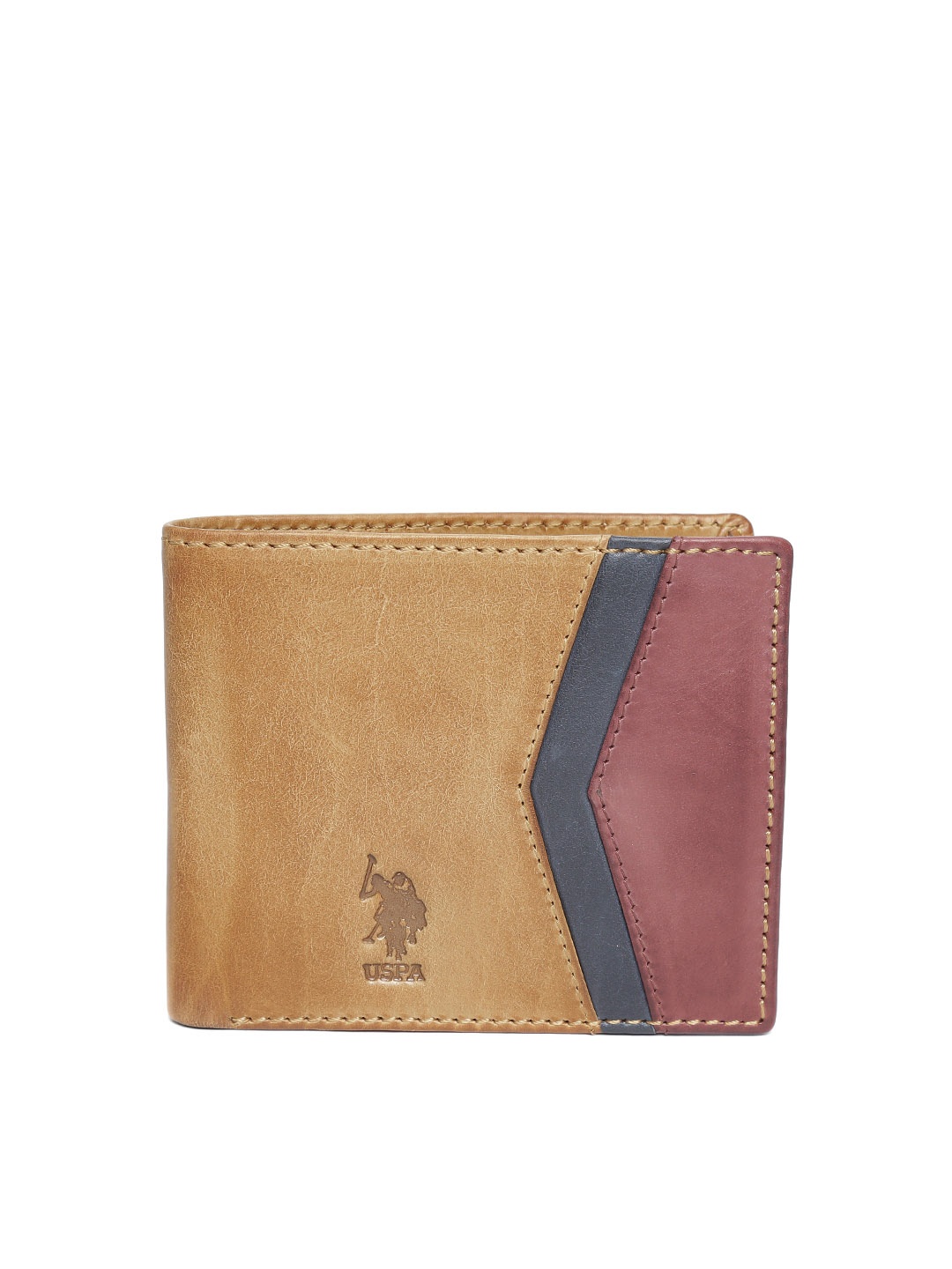 

U.S. Polo Assn. Men Tan Brown & Burgundy Leather Colourblocked Two Fold Wallet