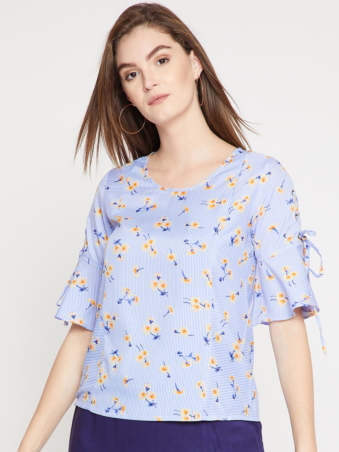 

RARE Women Blue Striped Floral Print A-Line Top