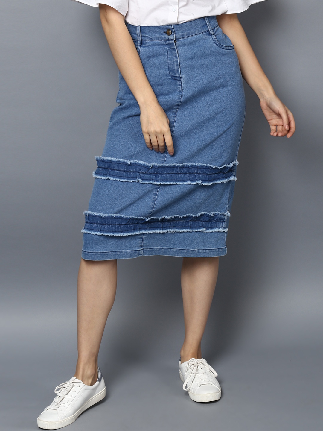 

StyleStone Women Blue Washed Denim Straight Skirt
