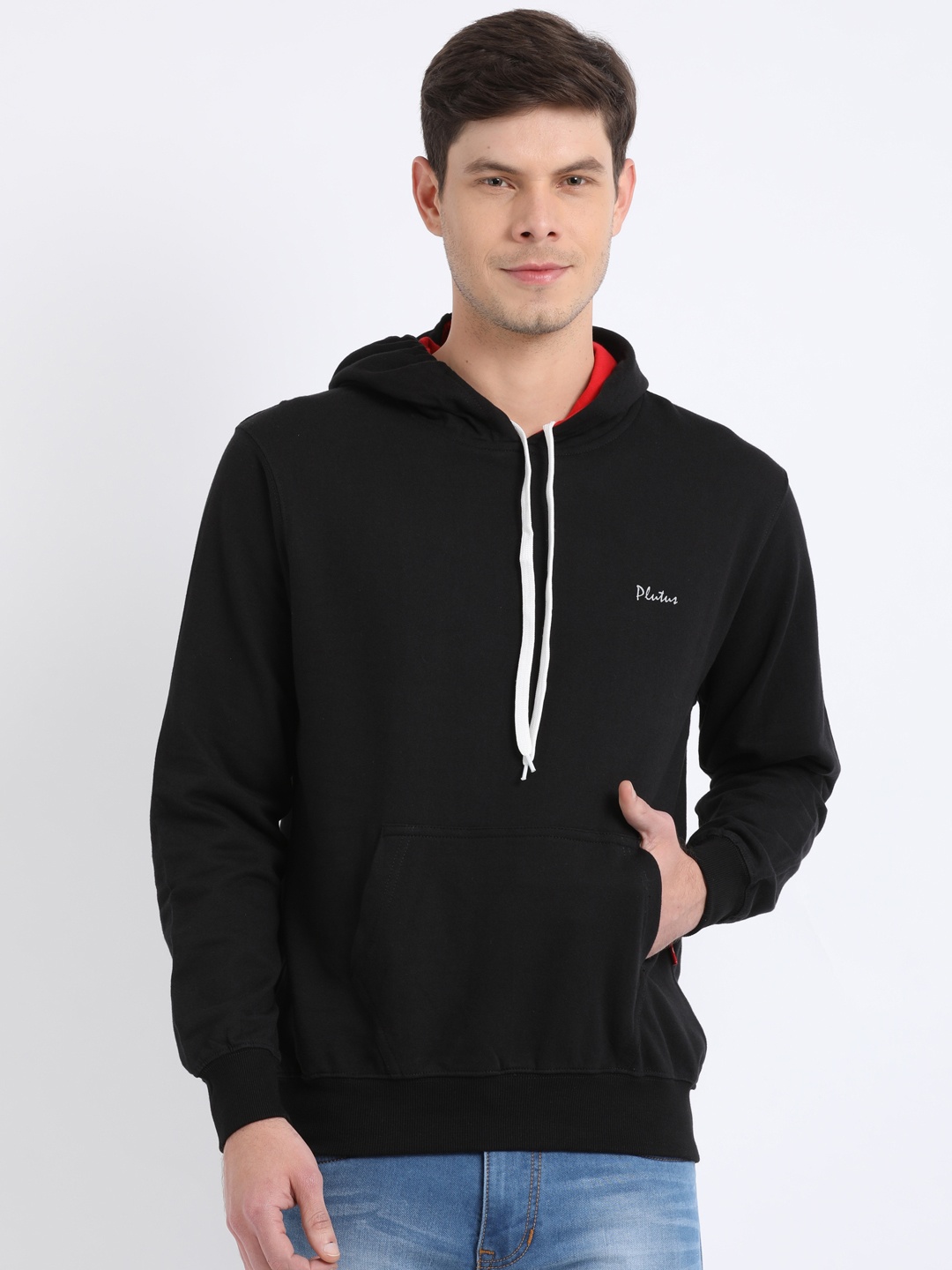 

Plutus Men Black Solid Hooded Sweatshirt
