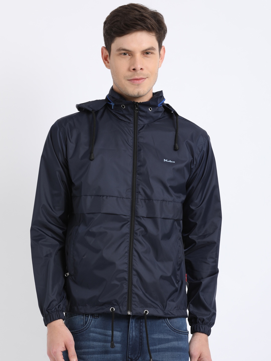 

Plutus Men Navy Blue Solid Sporty Jacket