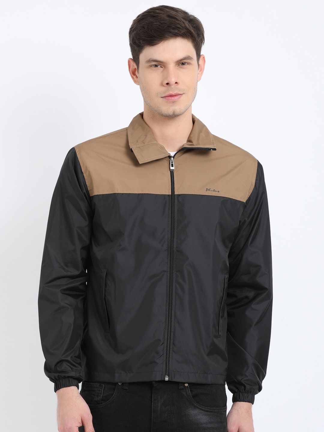 

Plutus Men Black & Brown Colourblocked Sporty Jacket