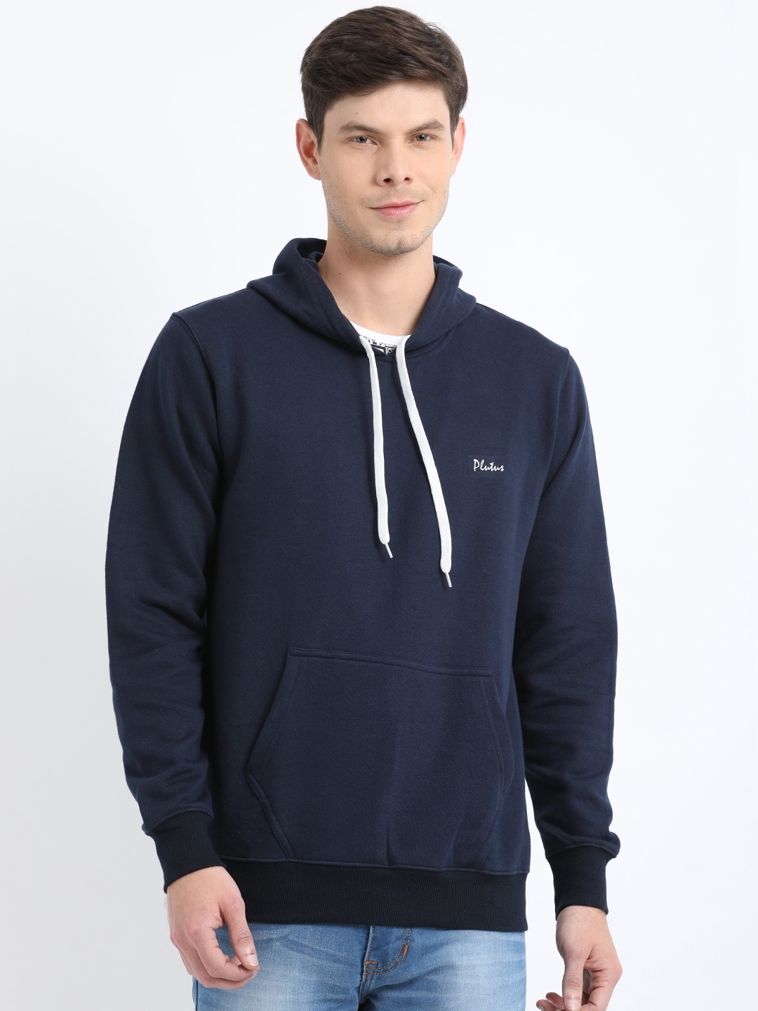 

Plutus Men Navy Blue Solid Hooded Sweatshirt