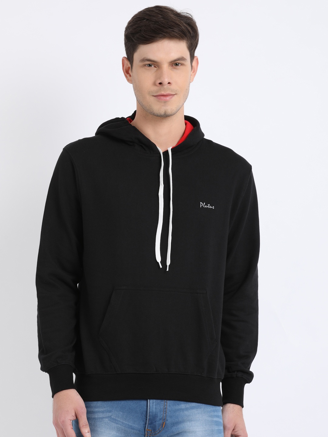 

Plutus Men Black Solid Hooded Sweatshirt