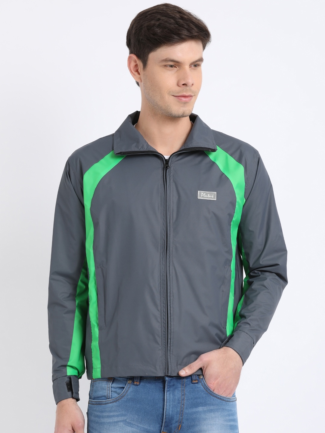 

Plutus Men Grey & Green Colourblocked Sporty Jacket