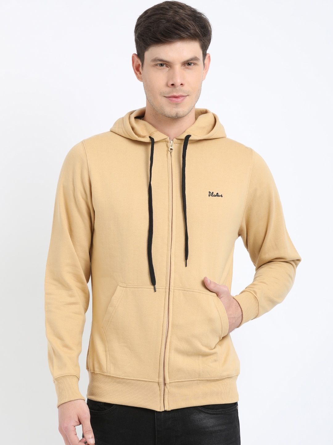 

Plutus Men Beige Solid Hooded Sweatshirt