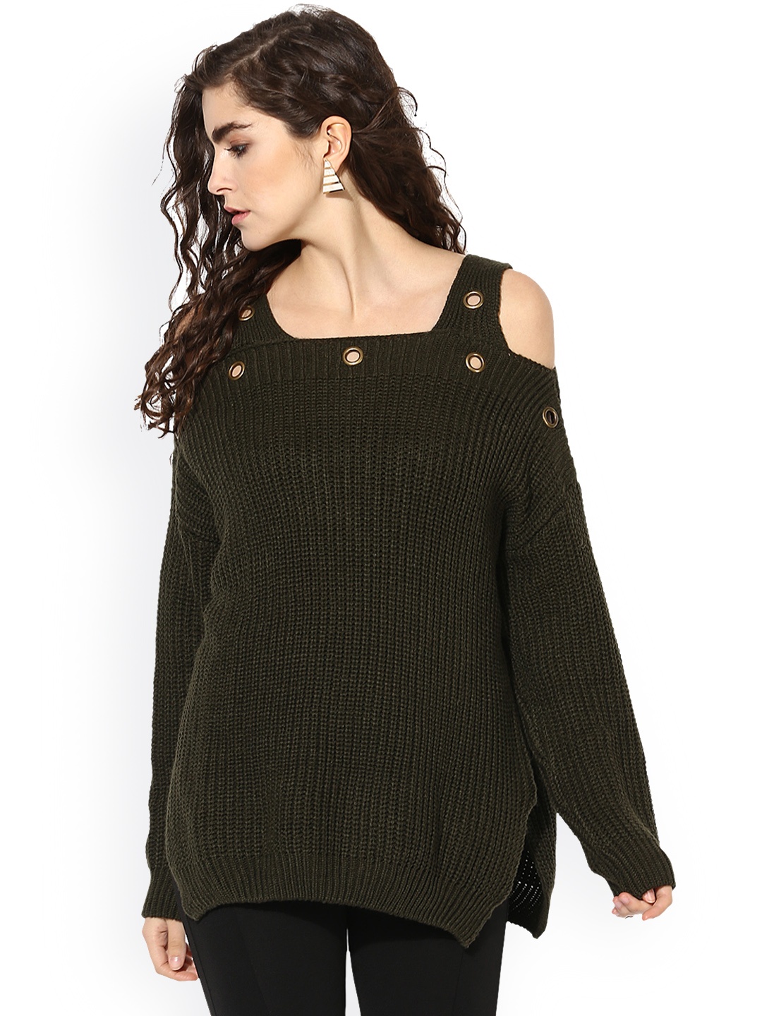 

Kazo Women Olive Green Self Design Pullover