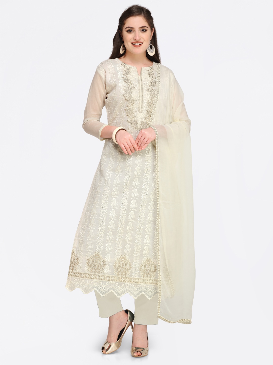 

Rajnandini Cream-Coloured Cotton Blend Unstitched Dress Material