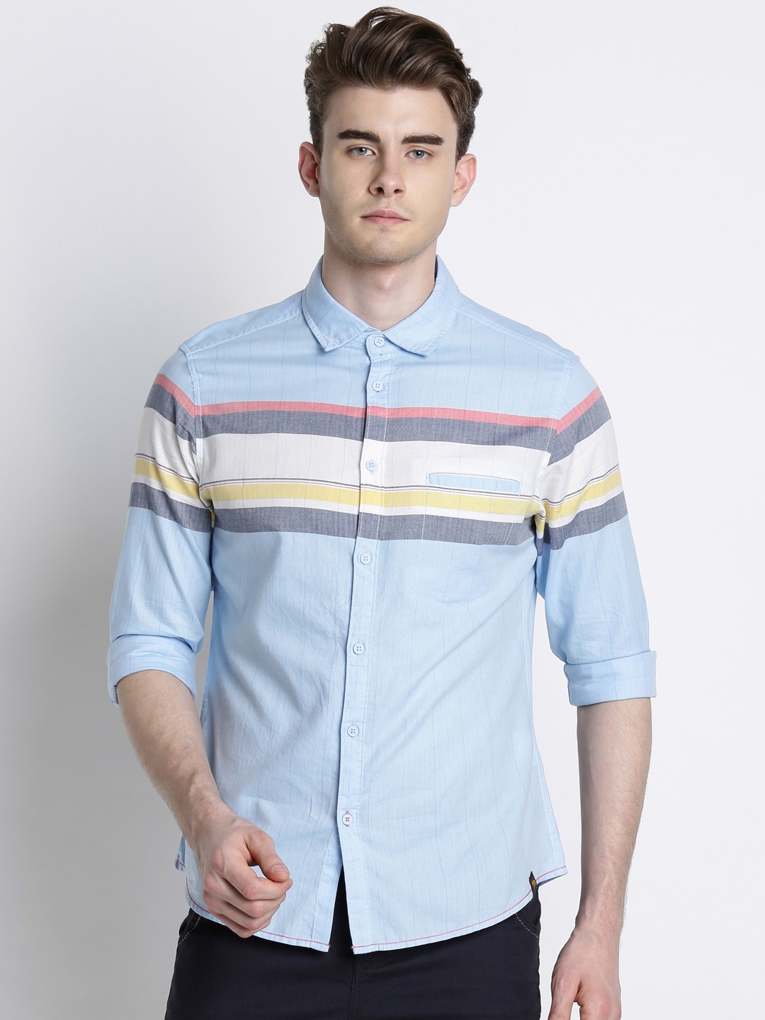 

Urban Ranger by pantaloons Men Blue Slim Fit Striped Casual Shirt
