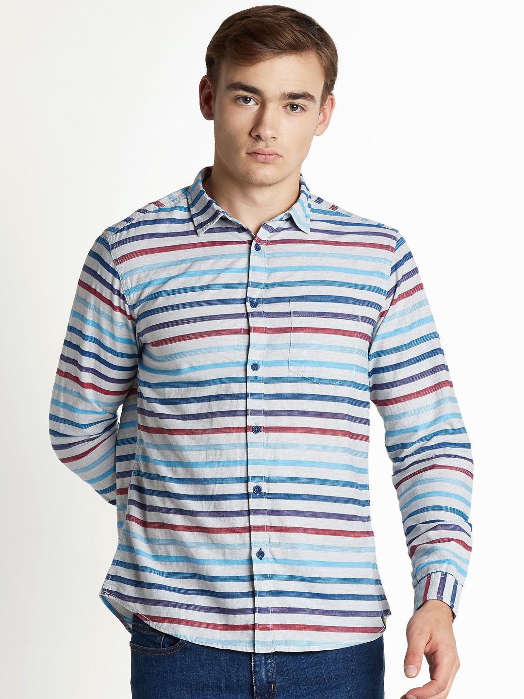

Urban Ranger by pantaloons Men Grey & Blue Slim Fit Striped Casual Shirt