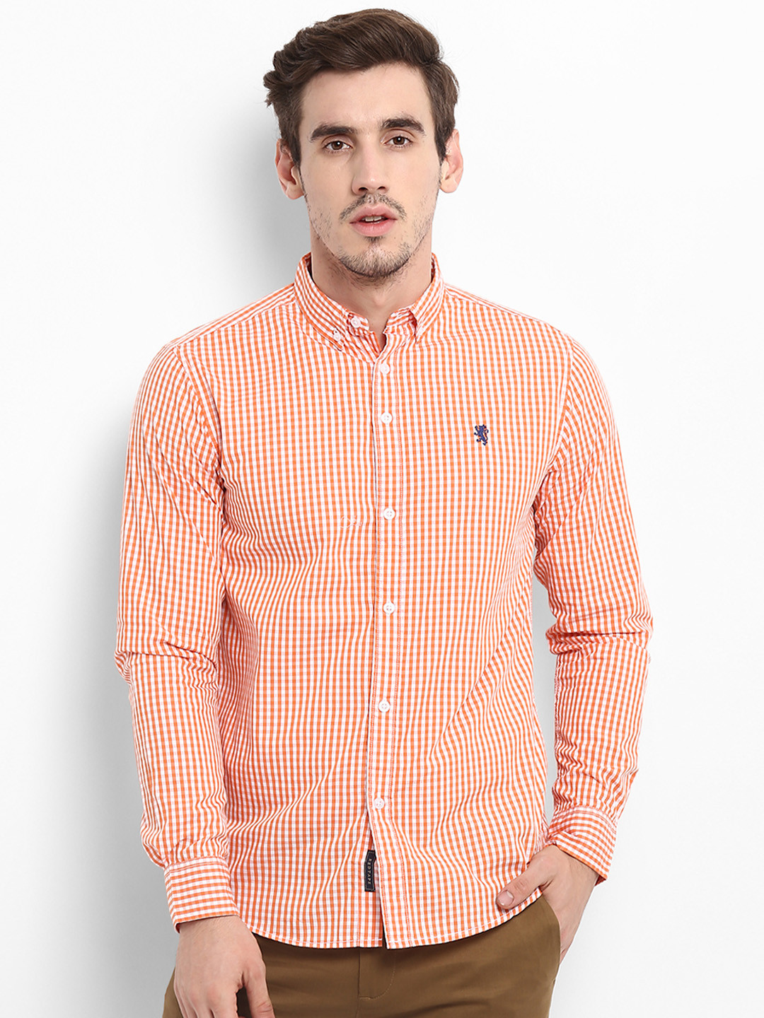 

Red Tape Men Orange & White Regular Fit Checked Casual Shirt