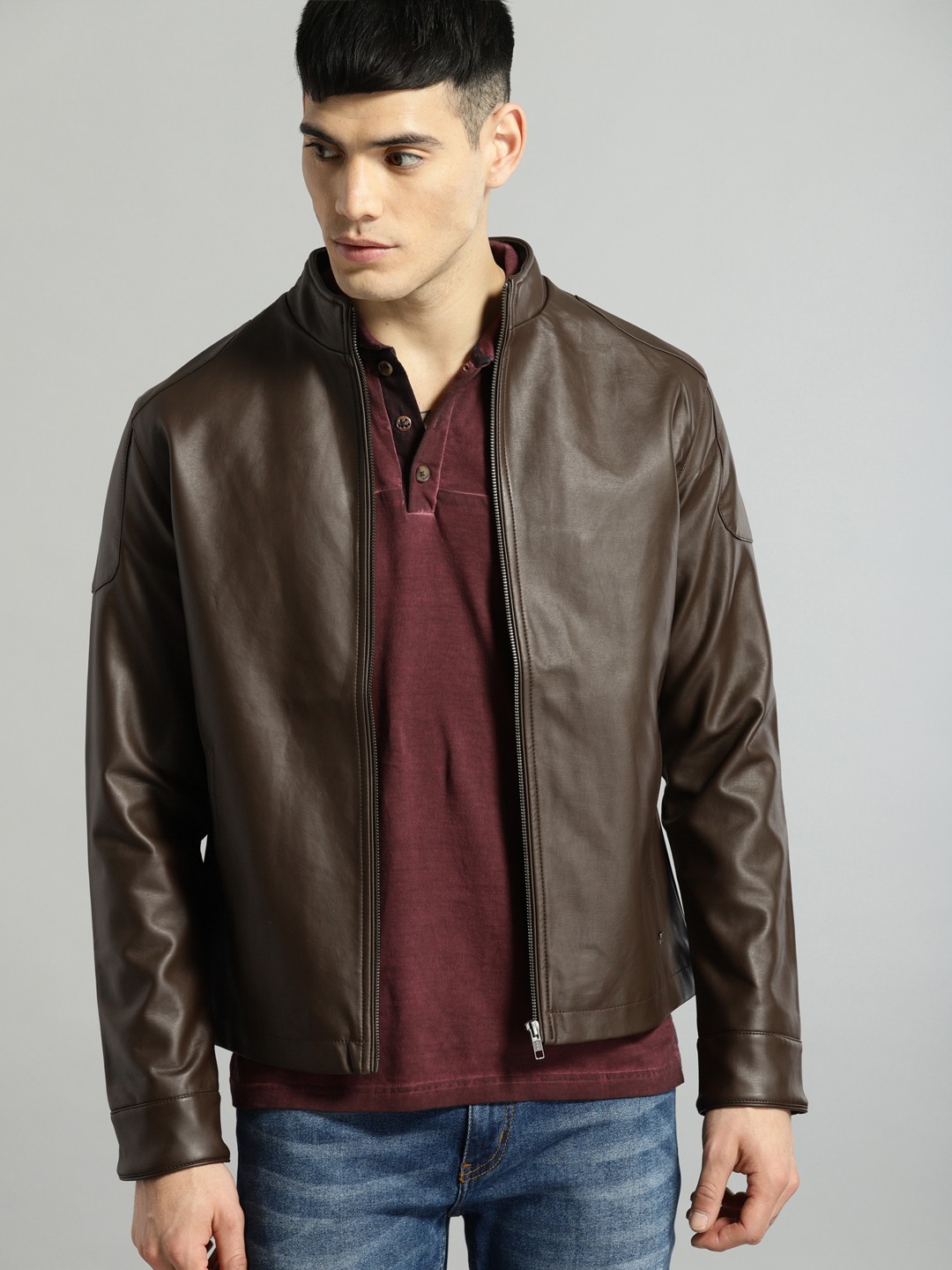 

Roadster Men Brown Solid Leather Jacket