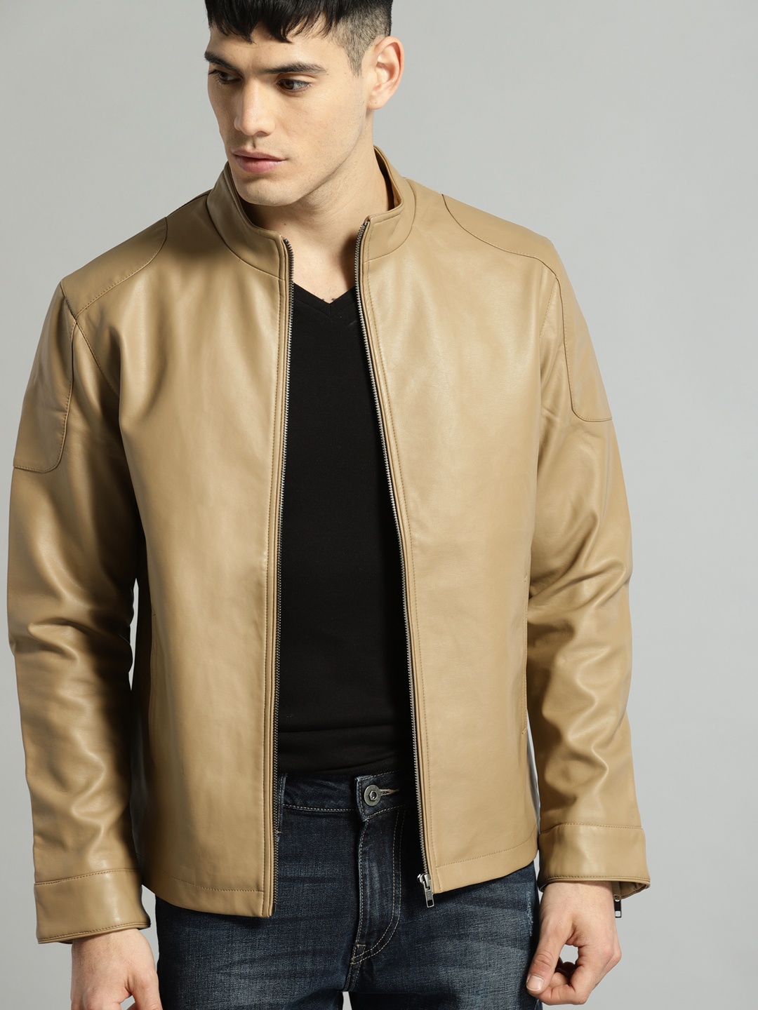 

Roadster Men Beige Solid Biker Jacket