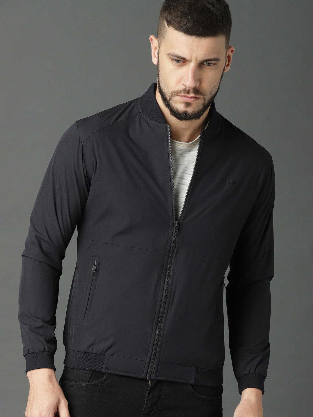 

Roadster Men Navy Blue Solid Bomber